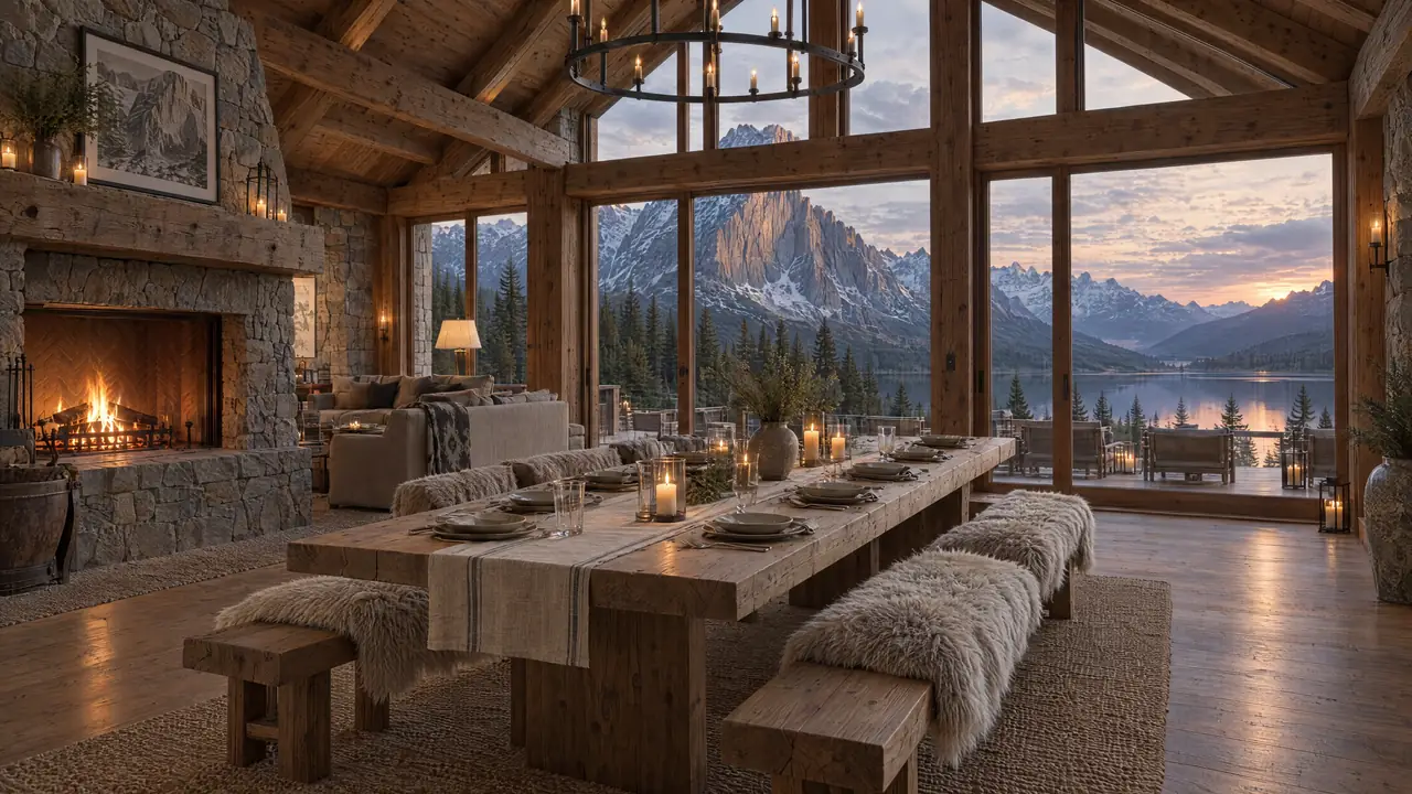 Die Lodge auf der Alm: langer Holztisch mit Kerzen am Kamin