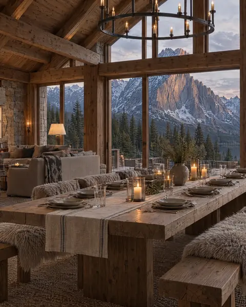 Die Lodge auf der Alm: langer Holztisch am Kamin
